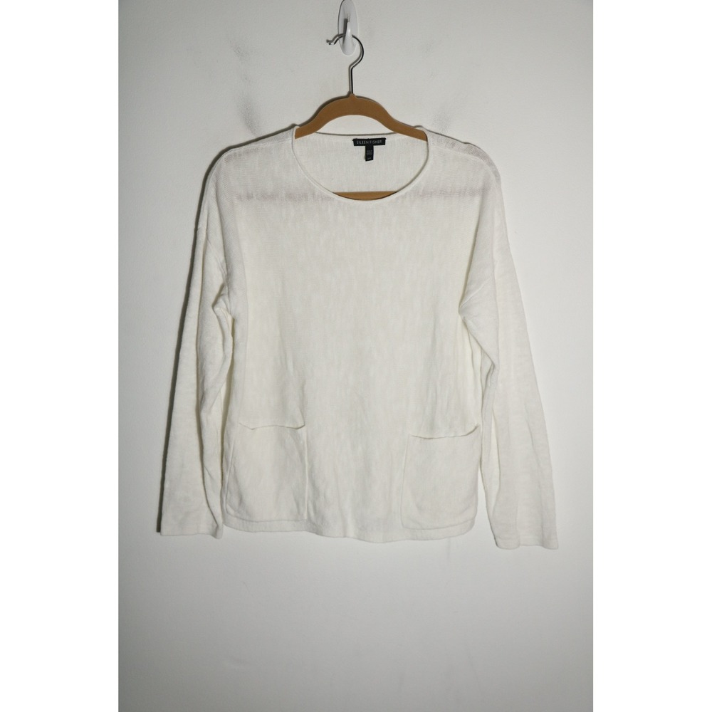 Eileen Fisher Organic Linen Cotton Front Pocket Long Sleeve Top Small White Boxy